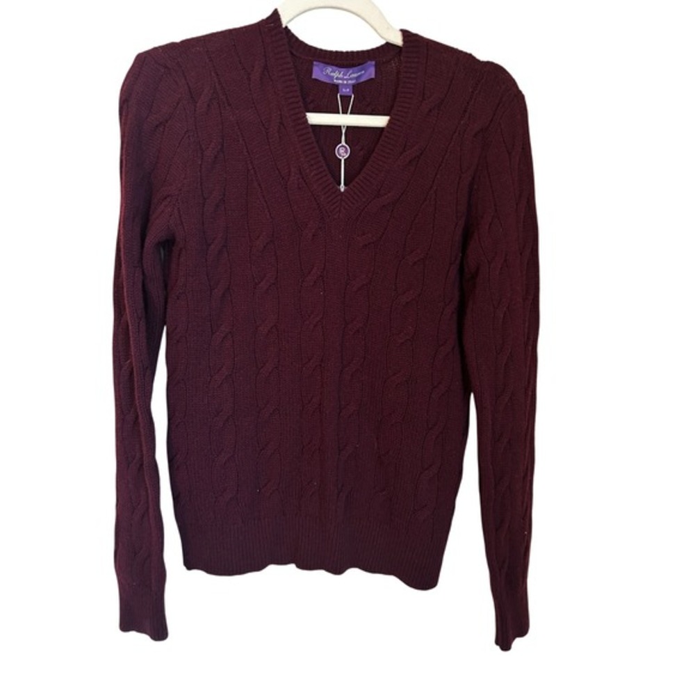 Ralph Lauren Purple Label 100% Cashmere Cable Knit VNeck Sweater‎ Bordeaux Small